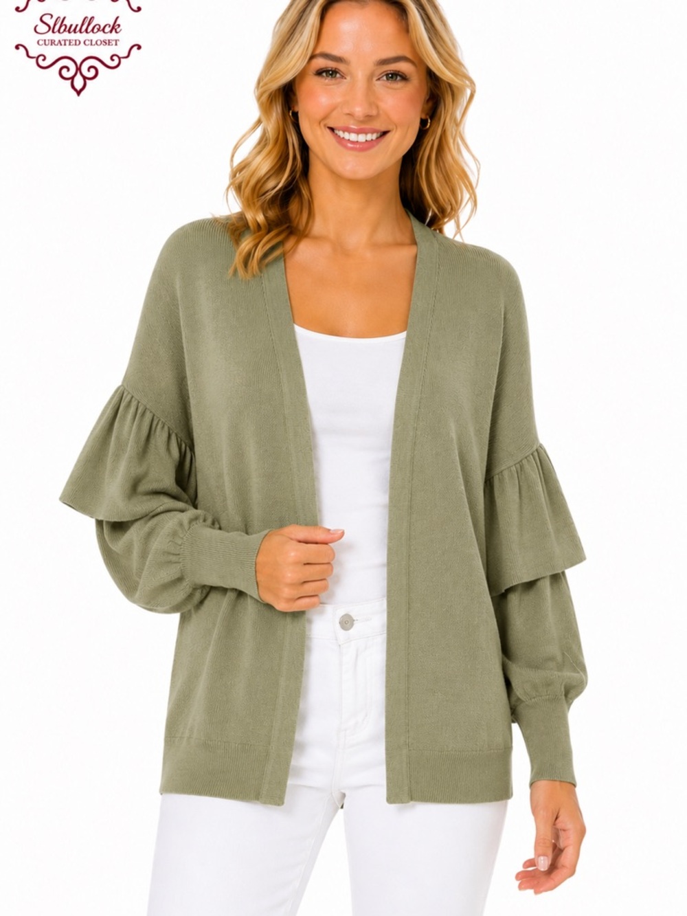 C21 Millennium TU One Size Sage Green Ruffle Sleeve Open Front Cardigan